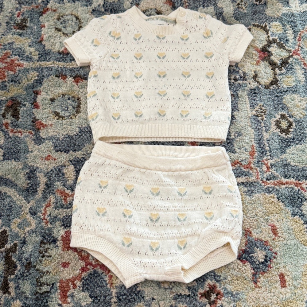 Little Planet Sweater Set Girls 3M Cream Floral Pointelle Knit Cottagecore EUC